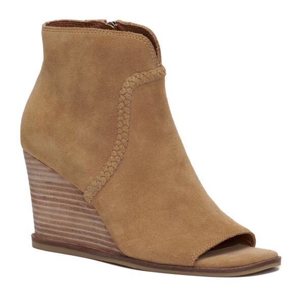 NEW Lucky Brand Lureli Peep Toe Western Wedge Booties Shooties - Picture 1 of 13